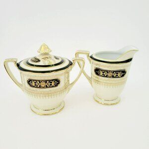 Vintage Noritake Black Gold Creamer & Sugar Bowl Hand Painted c1940s Art Nouveau